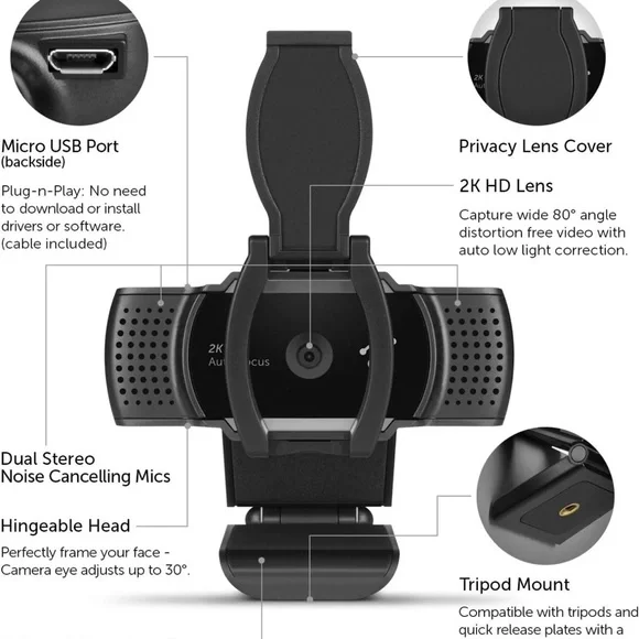Aluratek 2K HD Webcam with Dual Stereo Noise Cancelling Mics, new in box - Picture 5 of 7